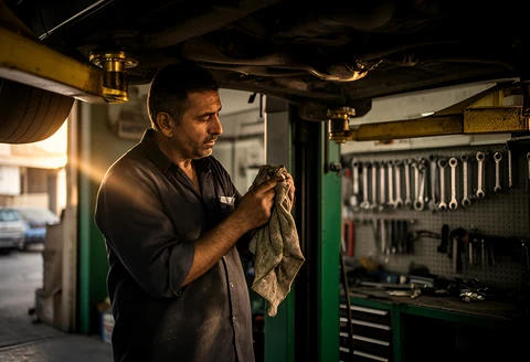 Auto repair shop owner inspecting a car on the lift