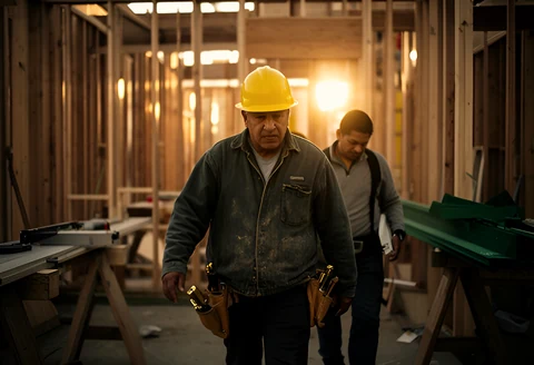 General contractor walking a framing job site with a crew member