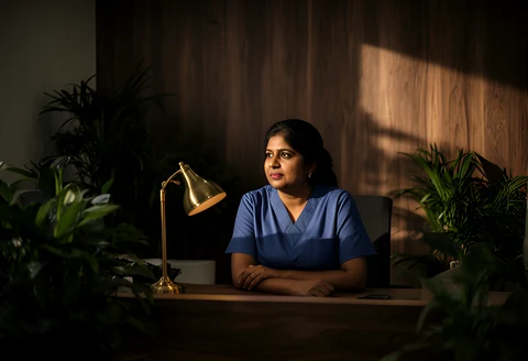 Dental practice owner at her front desk after hours