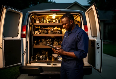 HVAC business owner at the back of his service van