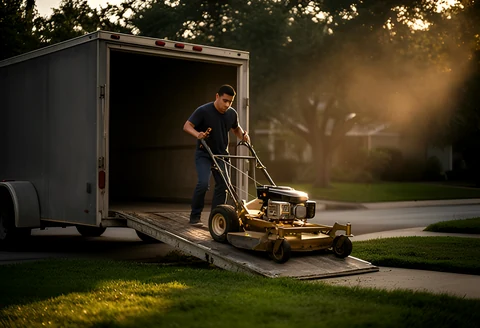 Landscaping owner loading a mower onto his trailer