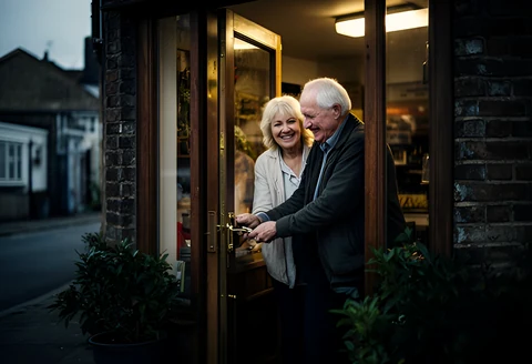 Couple opening the door of their independent shop in the morning