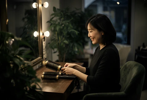 Salon owner tidying her styling station after closing